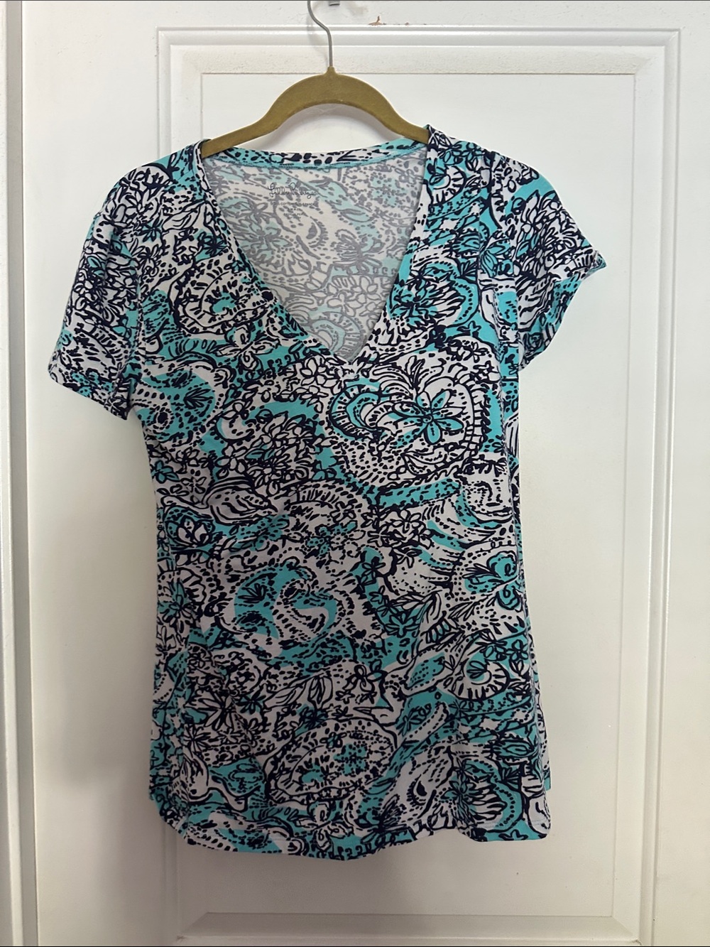 Lilly Pulitzer Short Sleeve V-Neck Paisley Floral Top - Teal & Black